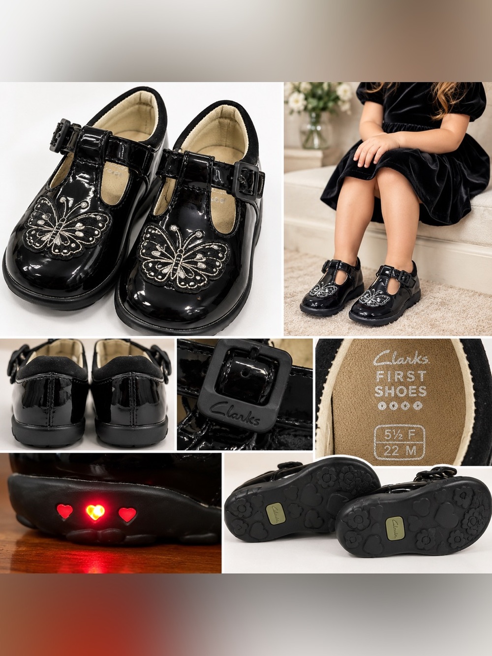 Clarks First Shoes Black Light Up Hearts Butterfly Mary Janes T-Strap 5.5F